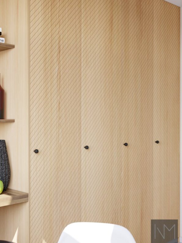 Wardrobe fronts in Nordic Wonder design. Clear coated oak with Ball knobs