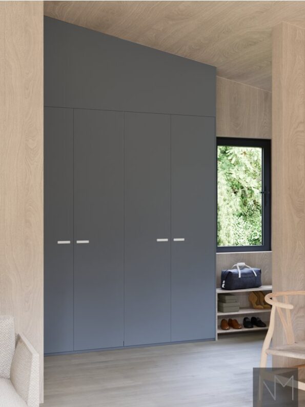Wardrobe doors in Soft Matte Exit design. Color blue, with white handles.