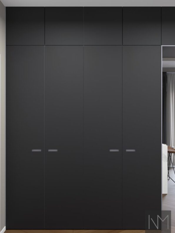Doors for wardrobes in Pure Linoleum Exit design. Color HDF light grey, linoleum 4023 Nero
