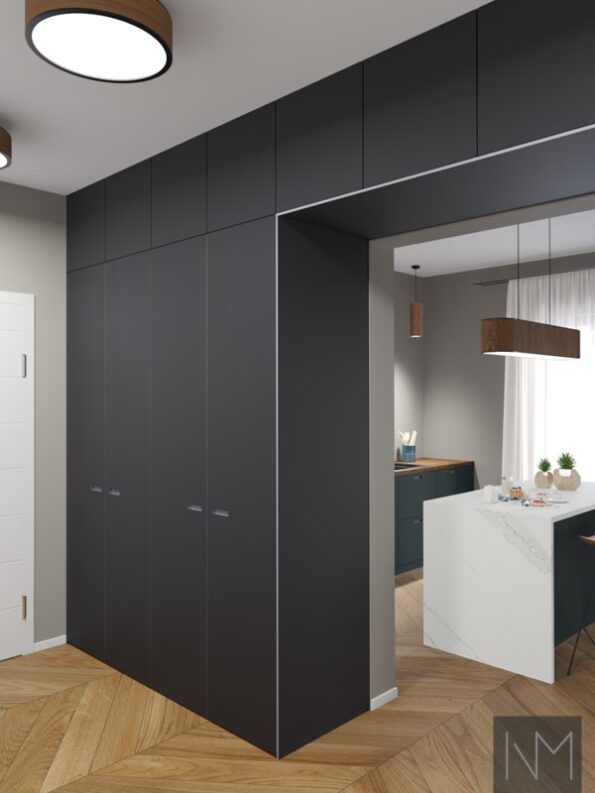 Wardrobe doors in Pure Linoleum Exit design. Color HDF light grey, linoleum 4023 Nero