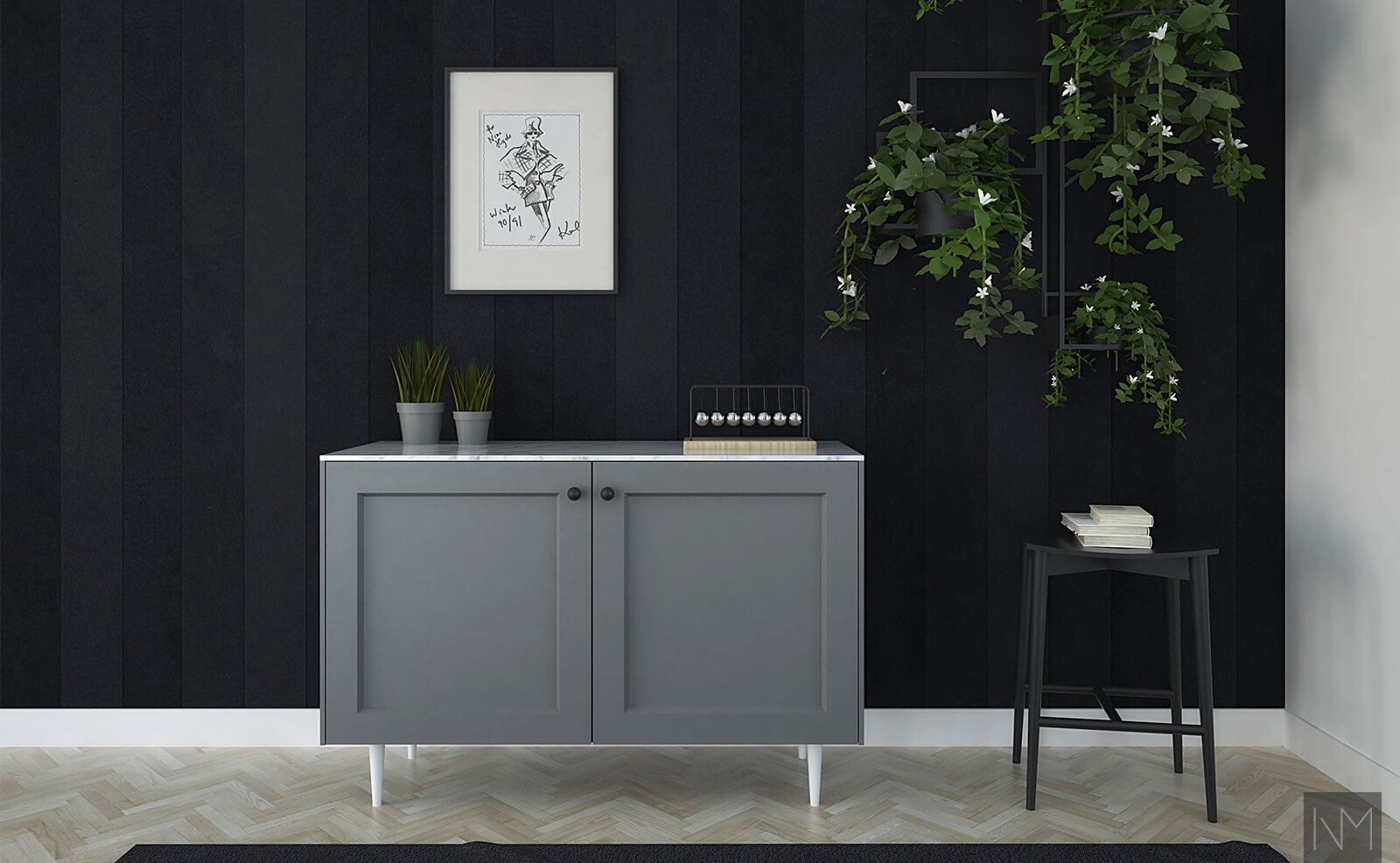 striped black wallpaper with grey cabinet