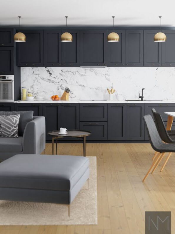 classic style dark blue kitchen connected to dining room