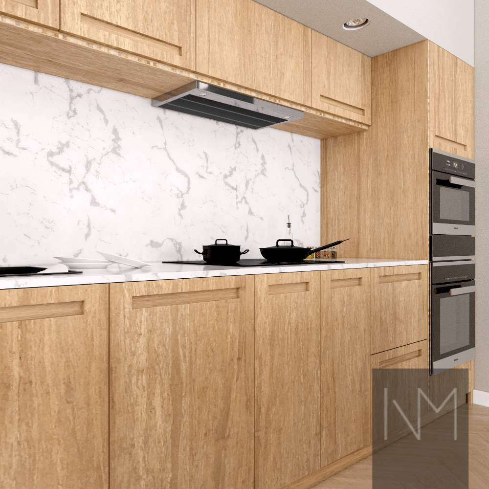 white marble and wood kitchen