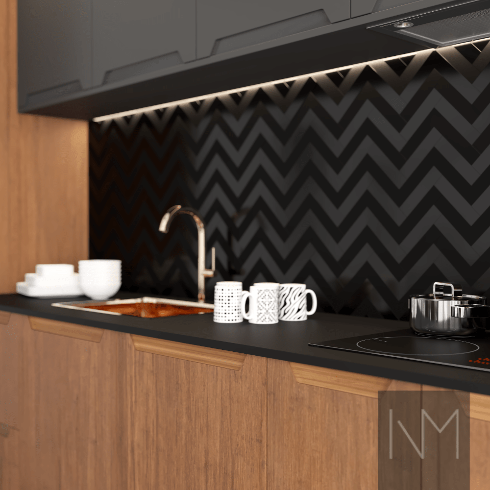 black side with wooden cupboard fronts