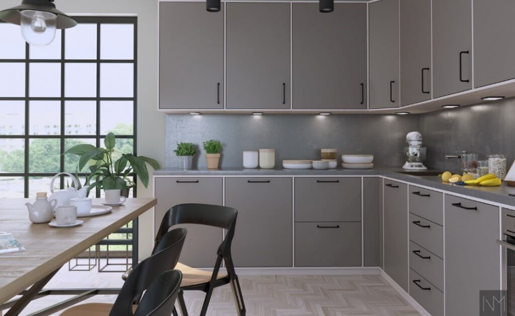 grey spacious kitchen side view