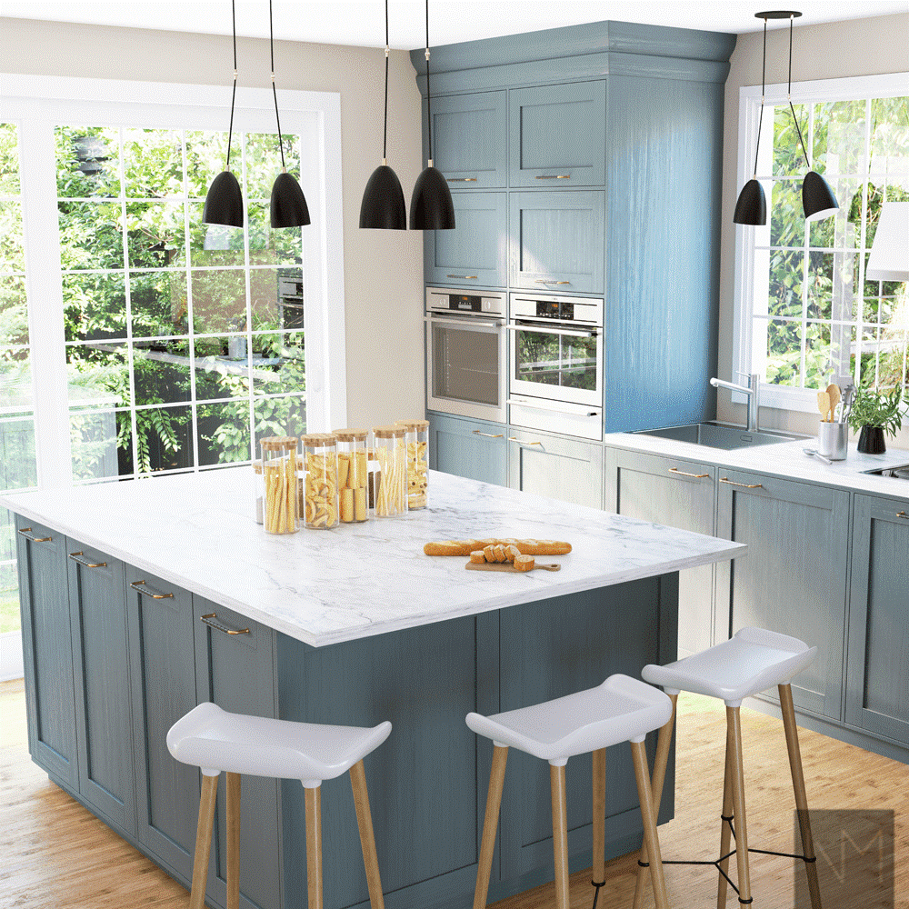 Kitchen With blue cabinets and white marble island 