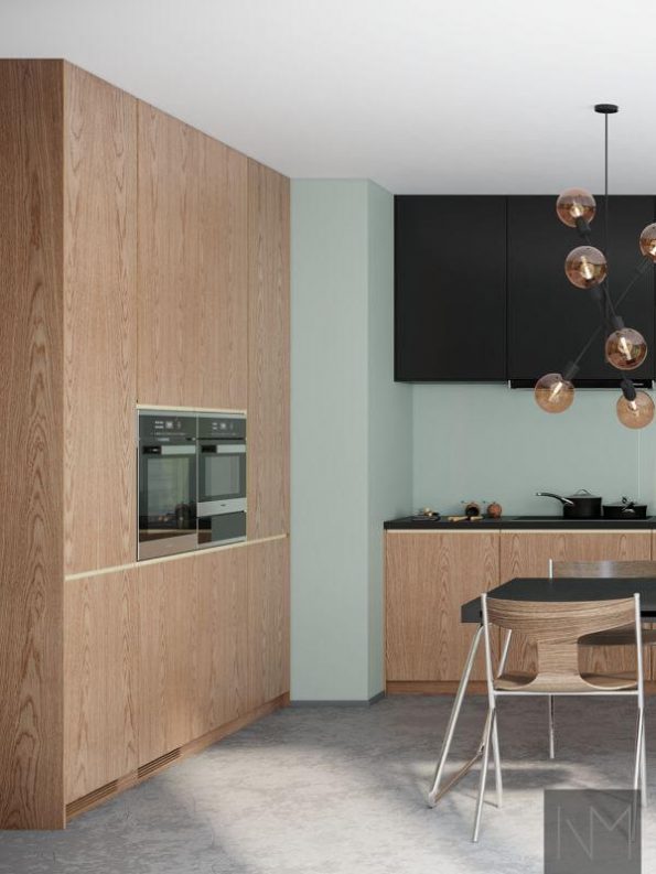 Kitchen doors in Nordic+ Instyle design, oak in clear coat. Top cabinet doors in Basic, colour NCS S9000-N.