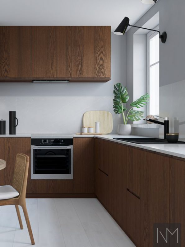 Kitchen doors in Nordic+ Instyle design. Stain colour B-1097 Walnut.