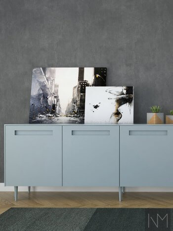 paintings on light powder blue cupboards